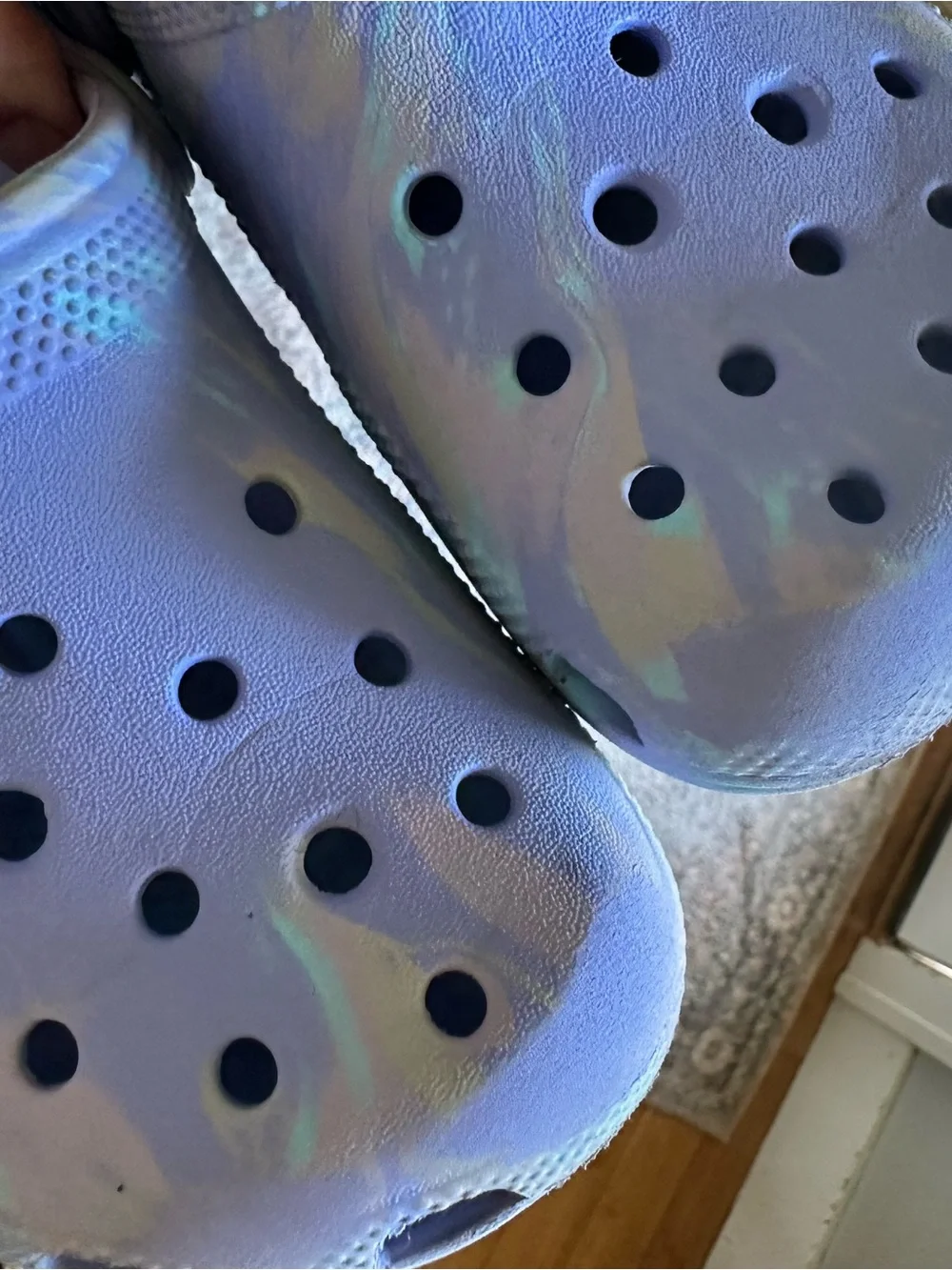 CROCS Kids size 1 Blueish Purple Swirl Foam Clogs